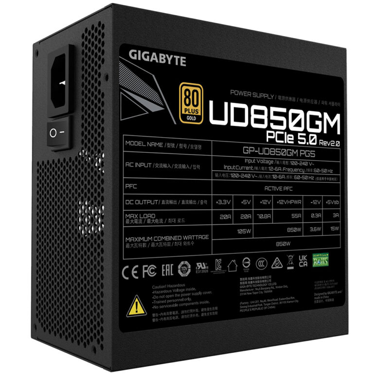 GIGABYTE UD850GM PG5 V2 Fuente de Alimentación – PCIe Gen 5.1, 80 PLUS Gold, Diseño completamente modular, Ventilador de 120 mm, Compatible con ATX 3.1, Enchufe EU