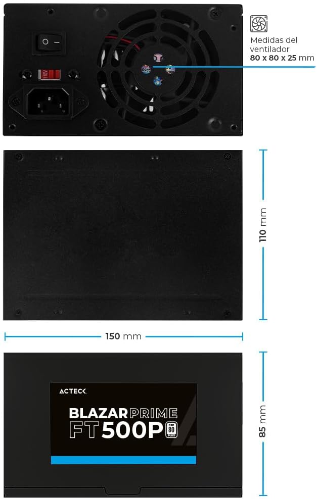 Acteck Fuente de Poder PC 500W Blazar Prime FT500P ATX Negro AC-938143