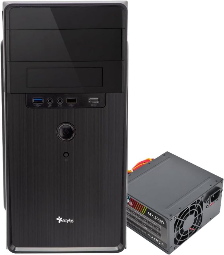 Stylos Gabinete Oficina Micro Tower Stylos CGAB5 M-ATX Aliminio + Plástico ABS 1xUSB 1.0 + 1xUSB 3.0 + 1x3.5mm + PSU 500W Negro