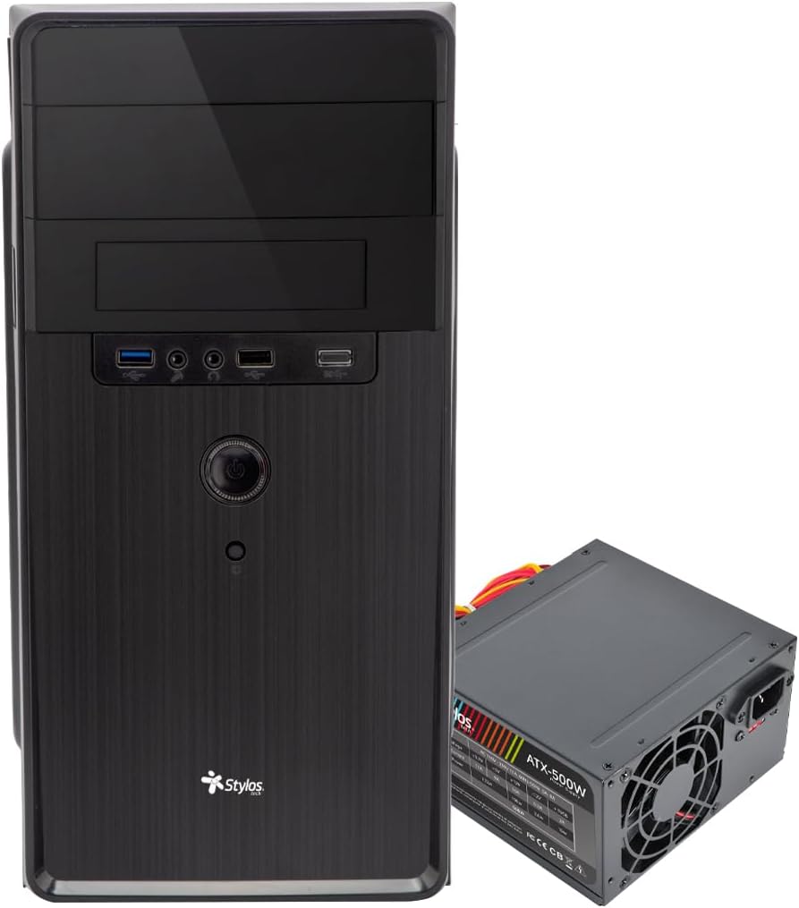 Stylos Gabinete Oficina Micro Tower Stylos CGAB5 M-ATX Aliminio + Plástico ABS 1xUSB 1.0 + 1xUSB 3.0 + 1x3.5mm + PSU 500W Negro
