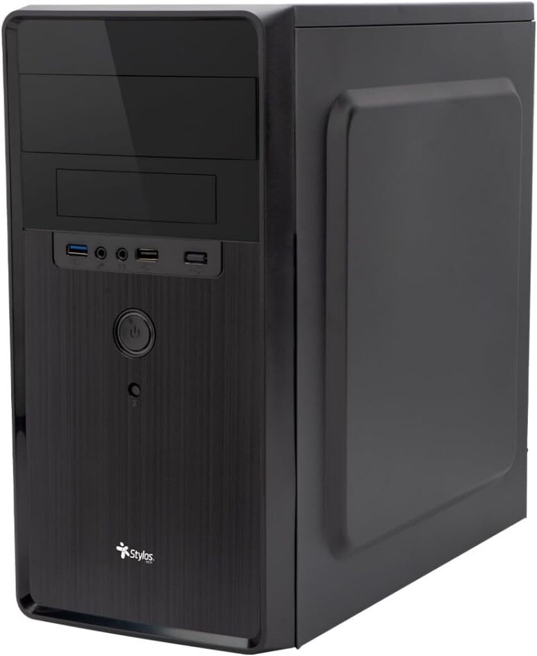 Stylos Gabinete Oficina Micro Tower Stylos CGAB5 M-ATX Aliminio + Plástico ABS 1xUSB 1.0 + 1xUSB 3.0 + 1x3.5mm + PSU 500W Negro