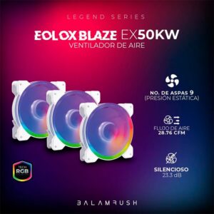 Balam Rush Kit 3 Ventiladores Gamer EOLOX BLAZE EX50KW 120mm ARGB Diseño Circular Borde LED Rainbow 1500RPM Blanco 3 Pin Controladora BR-937993