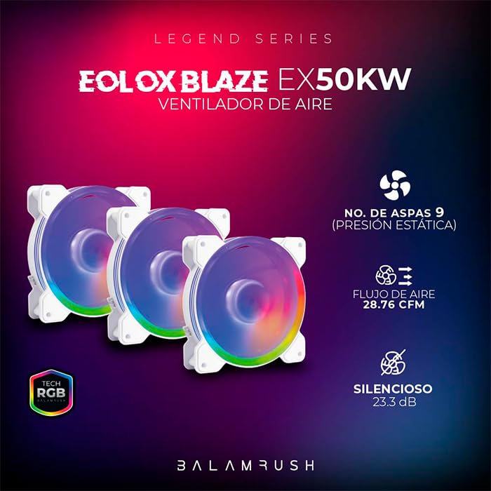 Balam Rush Kit 3 Ventiladores Gamer EOLOX BLAZE EX50KW 120mm ARGB Diseño Circular Borde LED Rainbow 1500RPM Blanco 3 Pin Controladora BR-937993