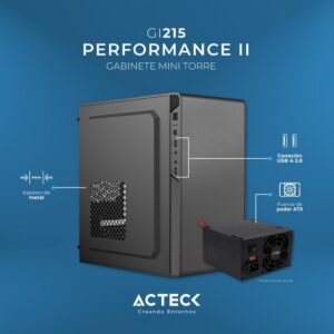 Acteck Gabinete Mini Torre Performance II GI215 / MAX MB M-ATX Fuente ATX 500 W / 2X USB 2.0 / Full Metalico + Frente Solido/Negro