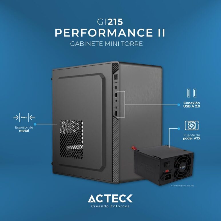 Acteck Gabinete Mini Torre Performance II GI215 / MAX MB M-ATX Fuente ATX 500 W / 2X USB 2.0 / Full Metalico + Frente Solido/Negro