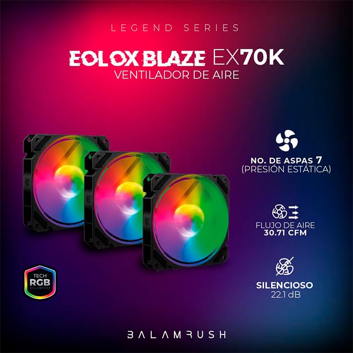 Balam Rush Kit 3 Ventiladores Gamer EOLOX BLAZE EX70K 120mm ARGB Diseño Cuadrado Rainbow 1200RPM Negro 3 Pin Controladora BR-937962