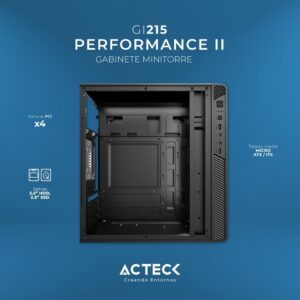 Acteck Gabinete Mini Torre Performance II GI215 / MAX MB M-ATX Fuente ATX 500 W / 2X USB 2.0 / Full Metalico + Frente Solido/Negro