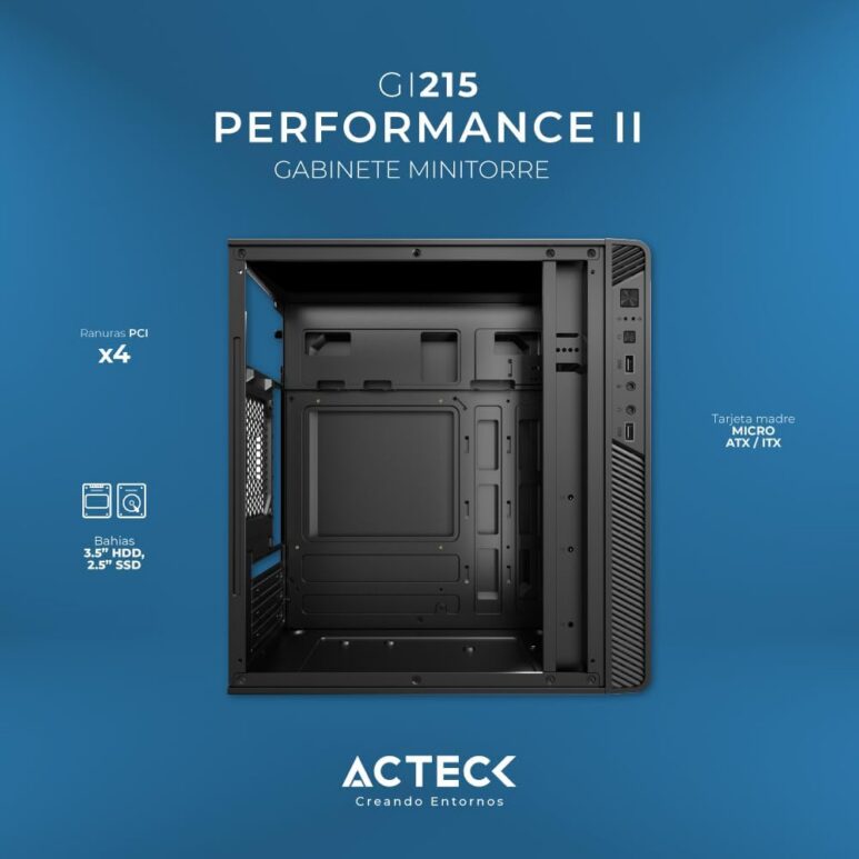 Acteck Gabinete Mini Torre Performance II GI215 / MAX MB M-ATX Fuente ATX 500 W / 2X USB 2.0 / Full Metalico + Frente Solido/Negro