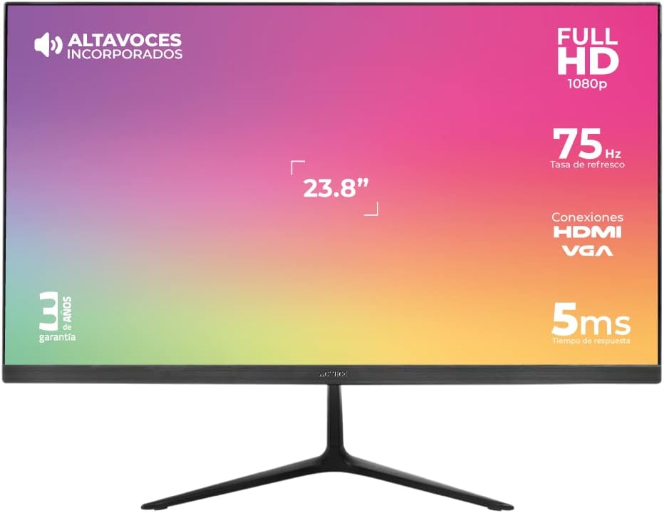Acteck Monitor Plano 23.8" IPS/Captive Vivid SP240 / FHD / 75Hz / 5ms / 2xAltavoces 3W / 1xVGA / 1xHDMI / Vesa 100x100mm / Negro