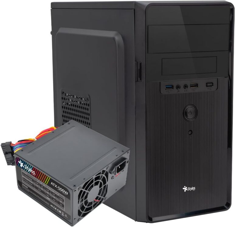Stylos Gabinete Oficina Micro Tower Stylos CGAB5 M-ATX Aliminio + Plástico ABS 1xUSB 1.0 + 1xUSB 3.0 + 1x3.5mm + PSU 500W Negro