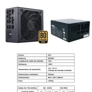 Fuente de Poder Gamer NACEB NA-0627 1000w 80 Plus Gold Modular