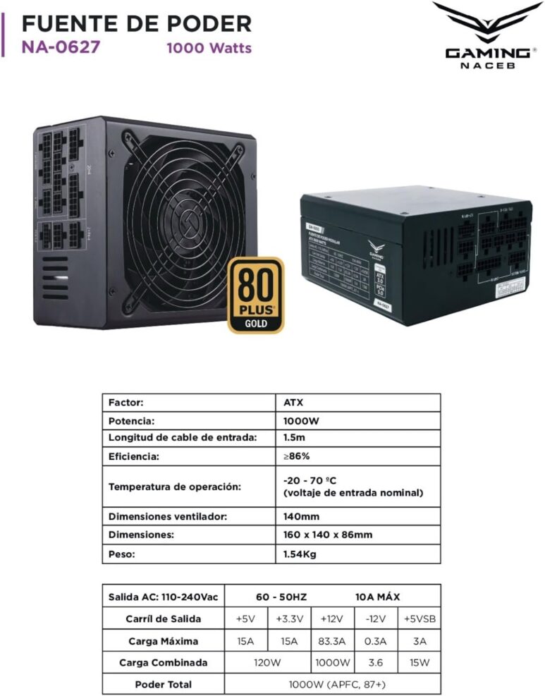 Fuente de Poder Gamer NACEB NA-0627 1000w 80 Plus Gold Modular