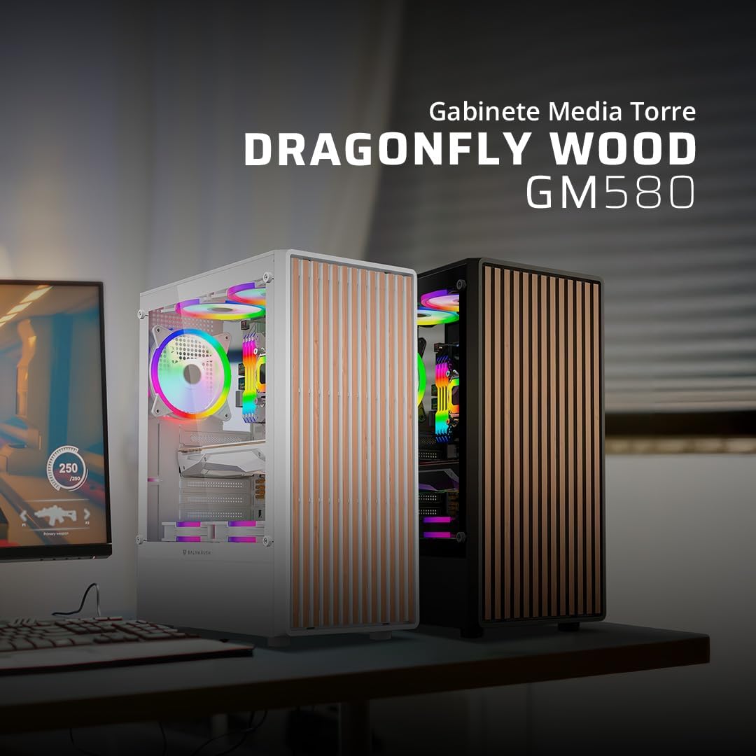 Balam Rush Acteck Gabinete Gamer Dragonfly GM580, Media Torre ATX, Negro, Panel Lateral de Cristal, 4 Ventiladores ARGB de 120mm, Frontal Tipo Madera, 38.5x10.3x32.5 cm (Negro)