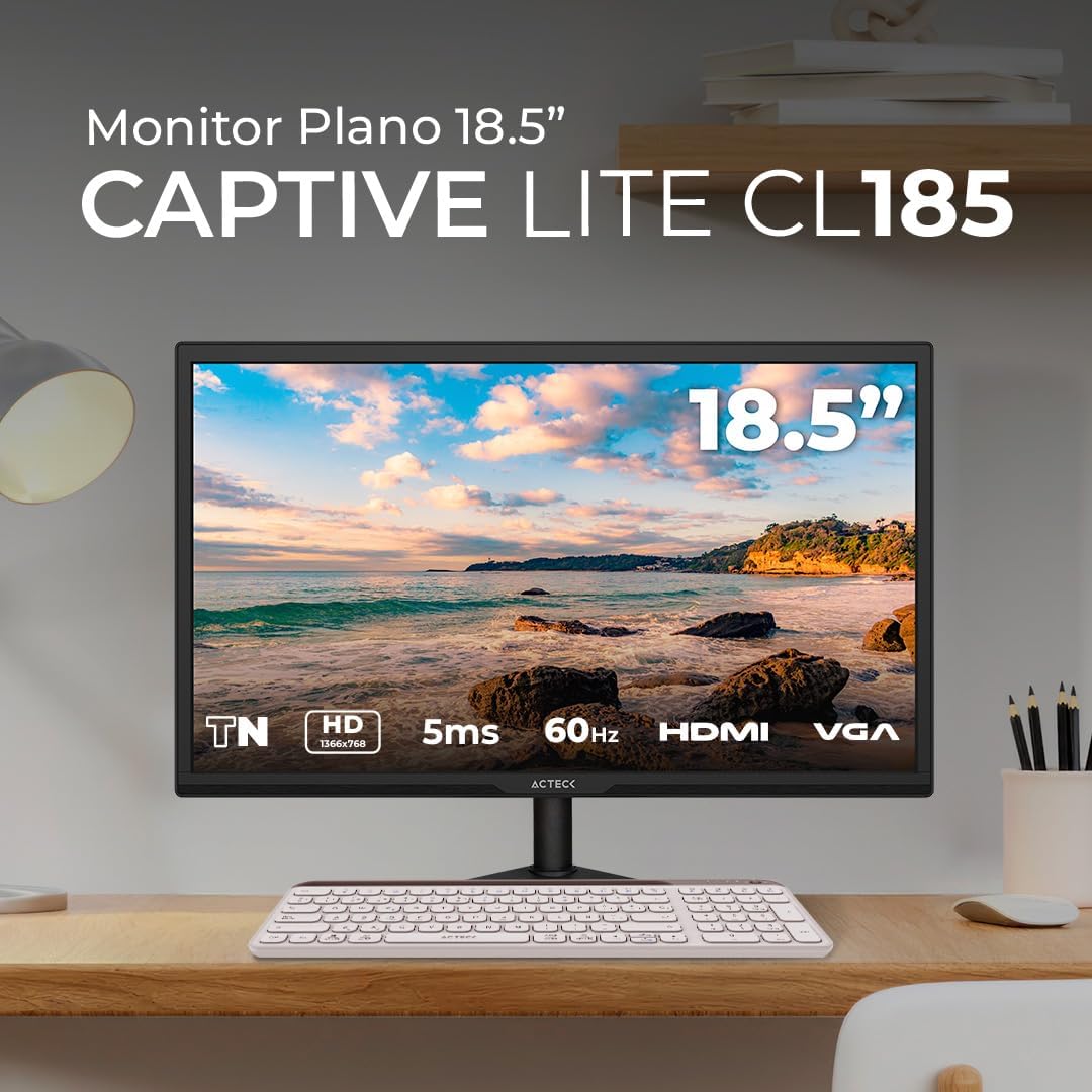 Acteck Captive Lite Monitor Plano 18.5" TN CL185, HD, 60Hz, 5ms, Low-Blue Light, VGA, HDMI 1.4, VESA 75mm, Negro