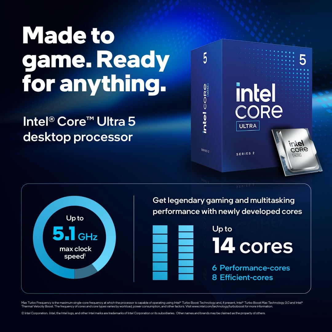 Procesador Intel® Core™ Ultra 5 para Equipos de sobremesa 225F 10 núcleos (6 núcleos P + 4 núcleos electrónicos) hasta 4,9 GHz
