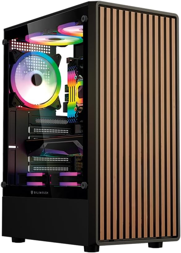 Balam Rush Acteck Gabinete Gamer Dragonfly GM580, Media Torre ATX, Negro, Panel Lateral de Cristal, 4 Ventiladores ARGB de 120mm, Frontal Tipo Madera, 38.5x10.3x32.5 cm (Negro)