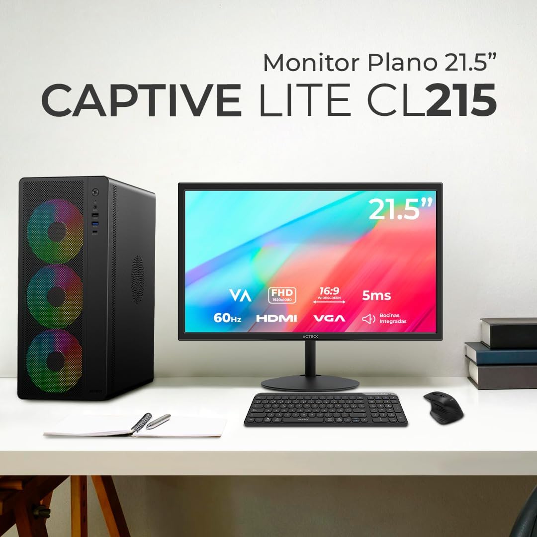 ACTECK Monitor 21.5 Captive Lite CL215 Full HD 60Hz 5ms VA HDMI VGA Altavoces Negro AC-943253 Estudio y multitarea
