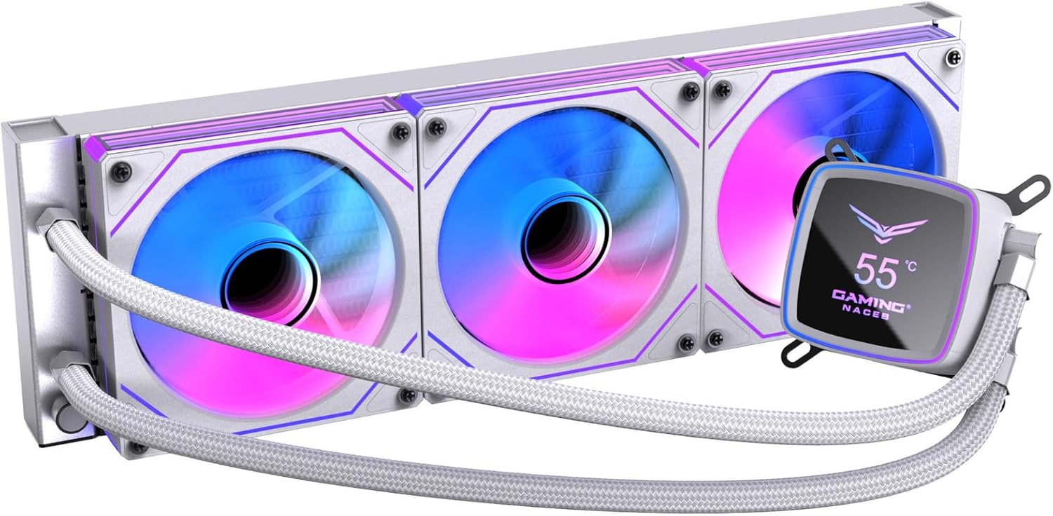Gaming Naceb - Enfriamiento Líquido con Pantalla Digital de 3" - Radiador 360 mm con 3 Ventiladores PWM ARGB y Bomba Silenciosa - Compatible Intel y AMD Blanco- NA-0656B