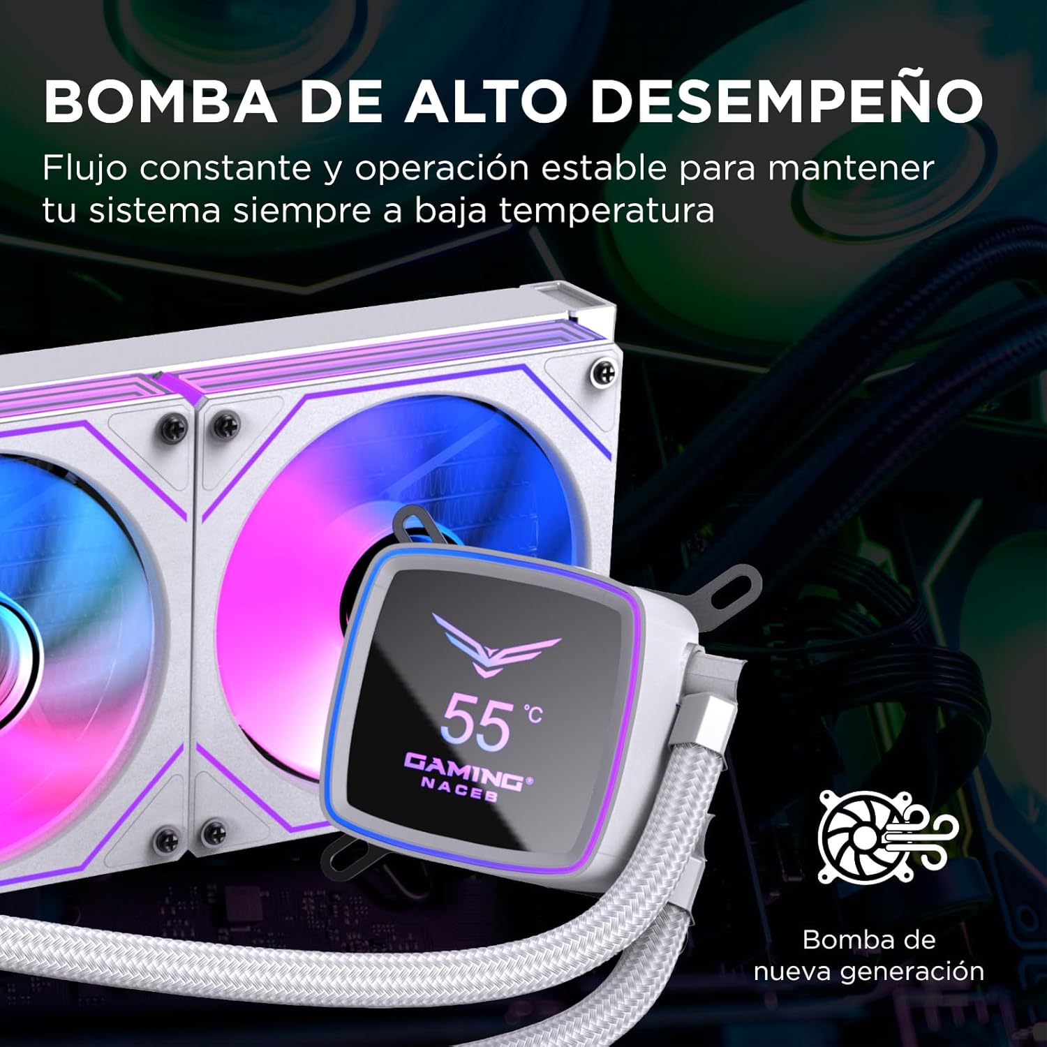 Gaming Naceb - Enfriamiento Líquido con Pantalla Digital de 3" - Radiador 360 mm con 3 Ventiladores PWM ARGB y Bomba Silenciosa - Compatible Intel y AMD Blanco- NA-0656B