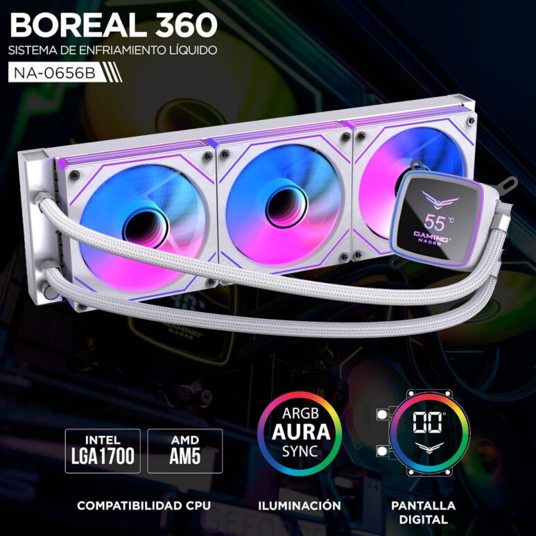 Gaming Naceb - Enfriamiento Líquido con Pantalla Digital de 3" - Radiador 360 mm con 3 Ventiladores PWM ARGB y Bomba Silenciosa - Compatible Intel y AMD Blanco- NA-0656B