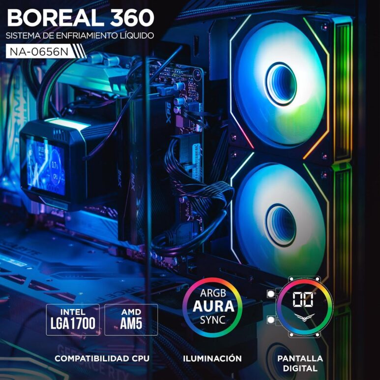 Gaming Naceb - Enfriamiento Líquido con Pantalla Digital de 3" - Radiador 360 mm con 3 Ventiladores PWM ARGB y Bomba Silenciosa - Compatible Intel y AMD Negro - NA-0656N