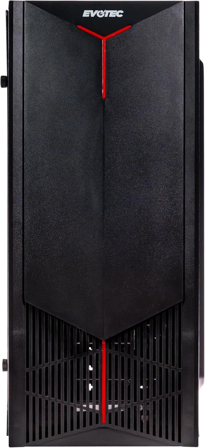 EVOTEC Gabinete Kyoto EV-1025 – PC Case ATX, Ventana Lateral de Acrílico, Diseño Frontal con Detalles Rojos, Estilo Gaming – Negro