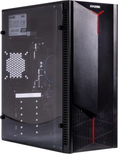 EVOTEC Gabinete Kyoto EV-1025 – PC Case ATX, Ventana Lateral de Acrílico, Diseño Frontal con Detalles Rojos, Estilo Gaming – Negro