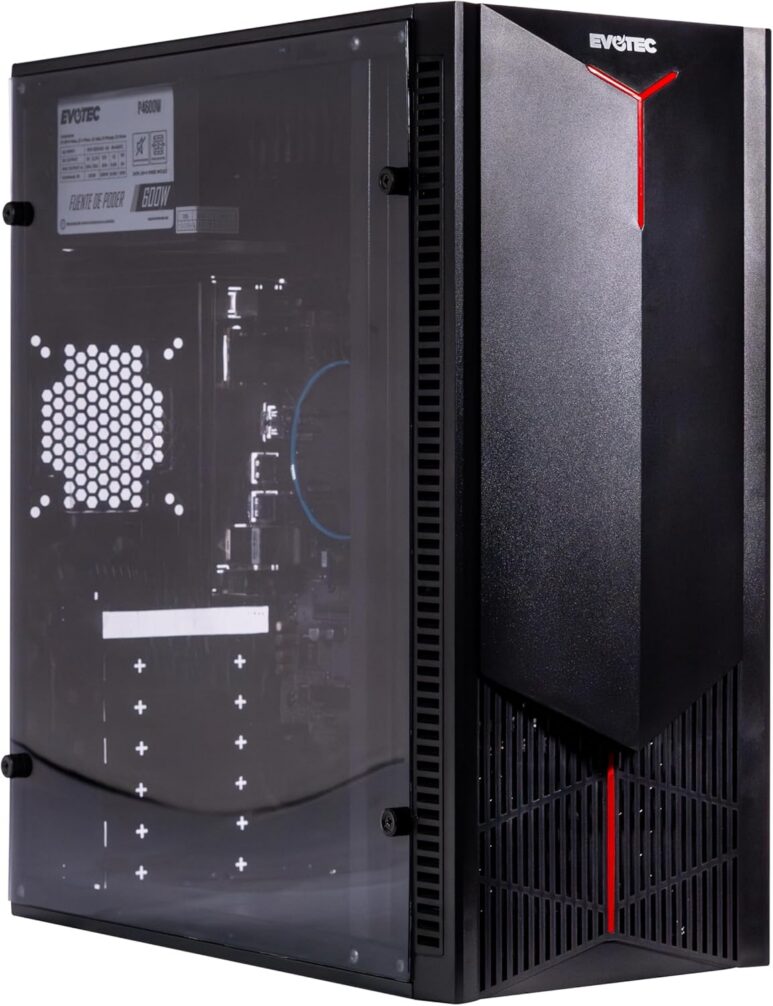 EVOTEC Gabinete Kyoto EV-1025 – PC Case ATX, Ventana Lateral de Acrílico, Diseño Frontal con Detalles Rojos, Estilo Gaming – Negro