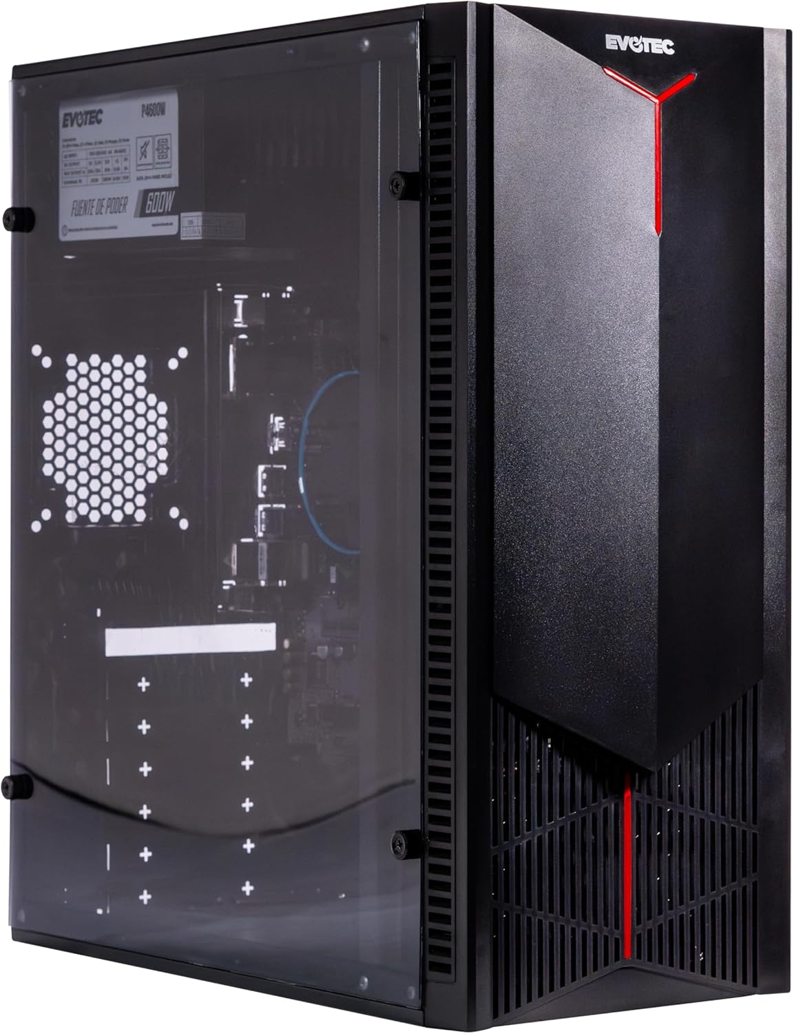 EVOTEC Gabinete Kyoto EV-1025 – PC Case ATX, Ventana Lateral de Acrílico, Diseño Frontal con Detalles Rojos, Estilo Gaming – Negro