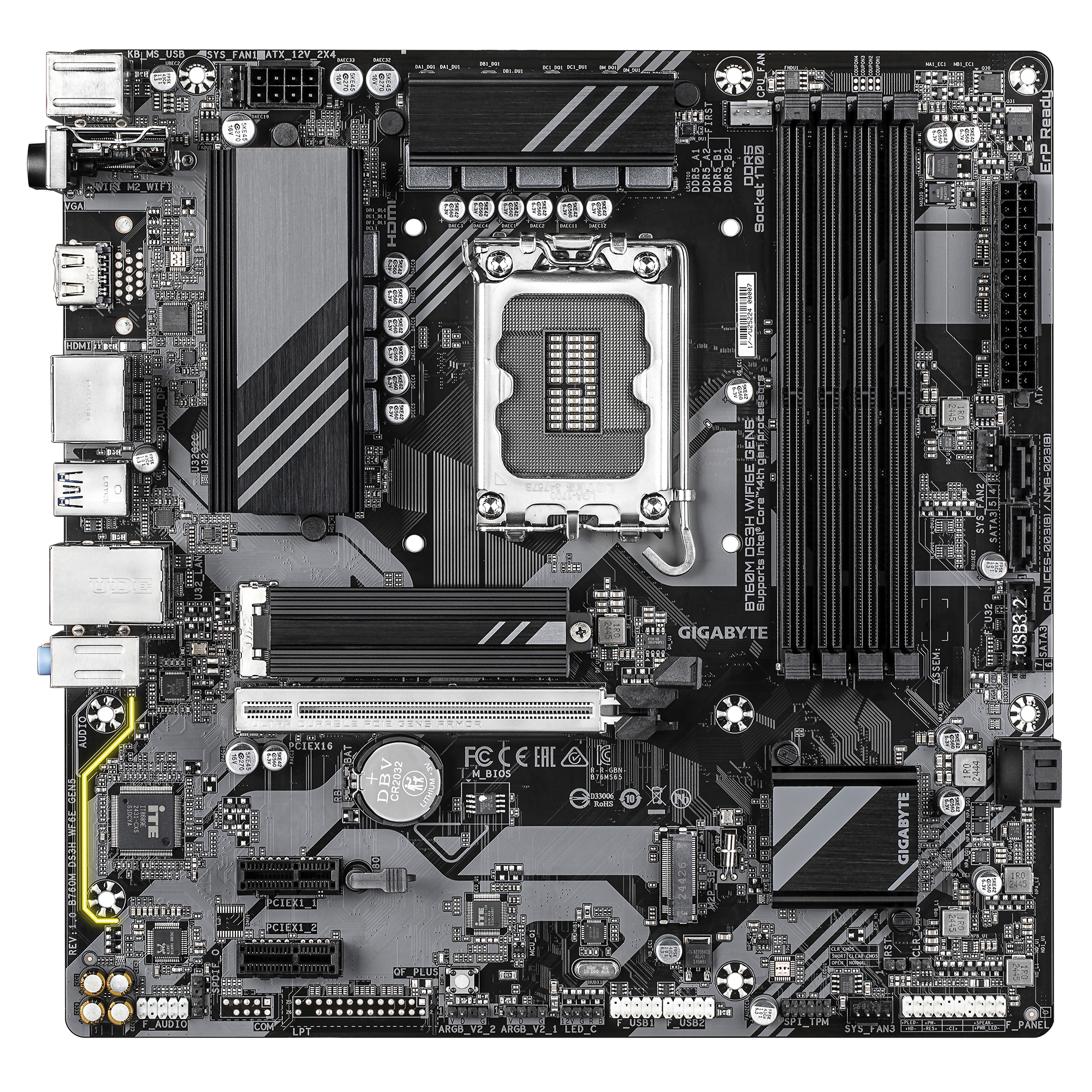 GIGABYTE B760M DS3H WIFI6E GEN5 Placa Base – Compatible con procesadores Intel Core 14ª generación, VRM digital de 6+2+1 fases, hasta 5600 MHz DDR5, 2 x M.2 PCIe 4.0, Wi-Fi 6E, LAN 2.5 GbE, USB 3.2 Gen2