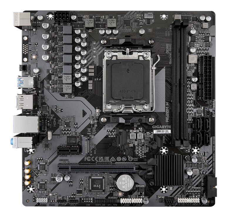 GIGABYTE A620M H Placa base - Soporta CPUs AMD Ryzen 8000, VRM digital de 5+2+2 fases, hasta 7200MHz DDR5 (OC), 1xPCIe 4.0 M.2, LAN GbE, USB 3.2 Gen 1