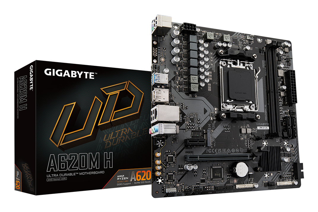 GIGABYTE A620M H Placa base - Soporta CPUs AMD Ryzen 8000, VRM digital de 5+2+2 fases, hasta 7200MHz DDR5 (OC), 1xPCIe 4.0 M.2, LAN GbE, USB 3.2 Gen 1