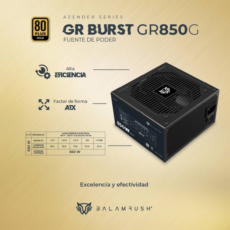 Fuente de Poder 850W 80 Plus Gold BALAM RUSH GR BURST GR850G LEGEND SERIES.