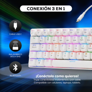 Teclado Mecánico Gamer 60% inalámbrico- Mubitech F25 Blanco - Imagen 3