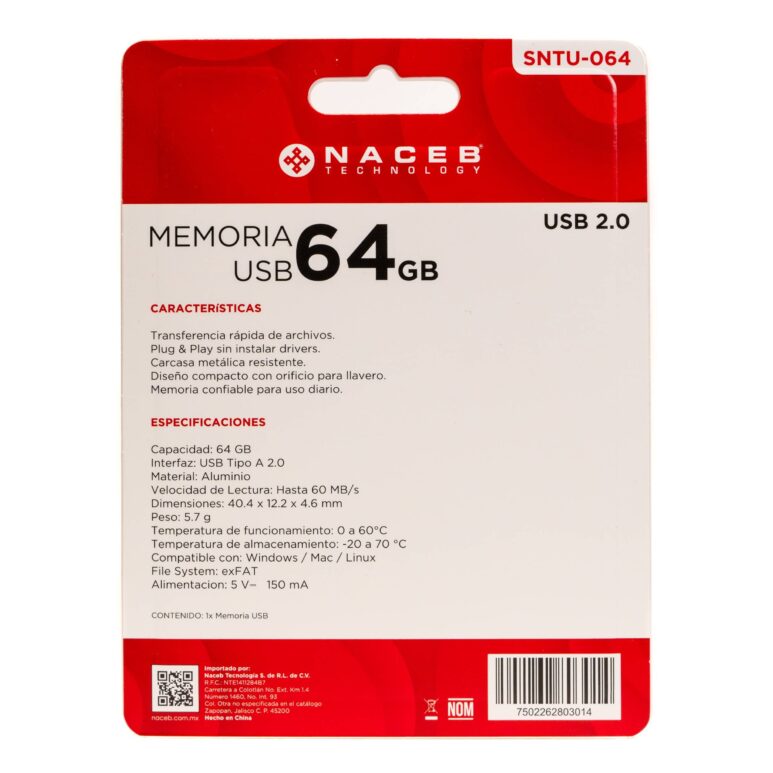 MEMORIA NACEB CAPACIDAD 64 GB USB INTERFAZ USB A 2.0