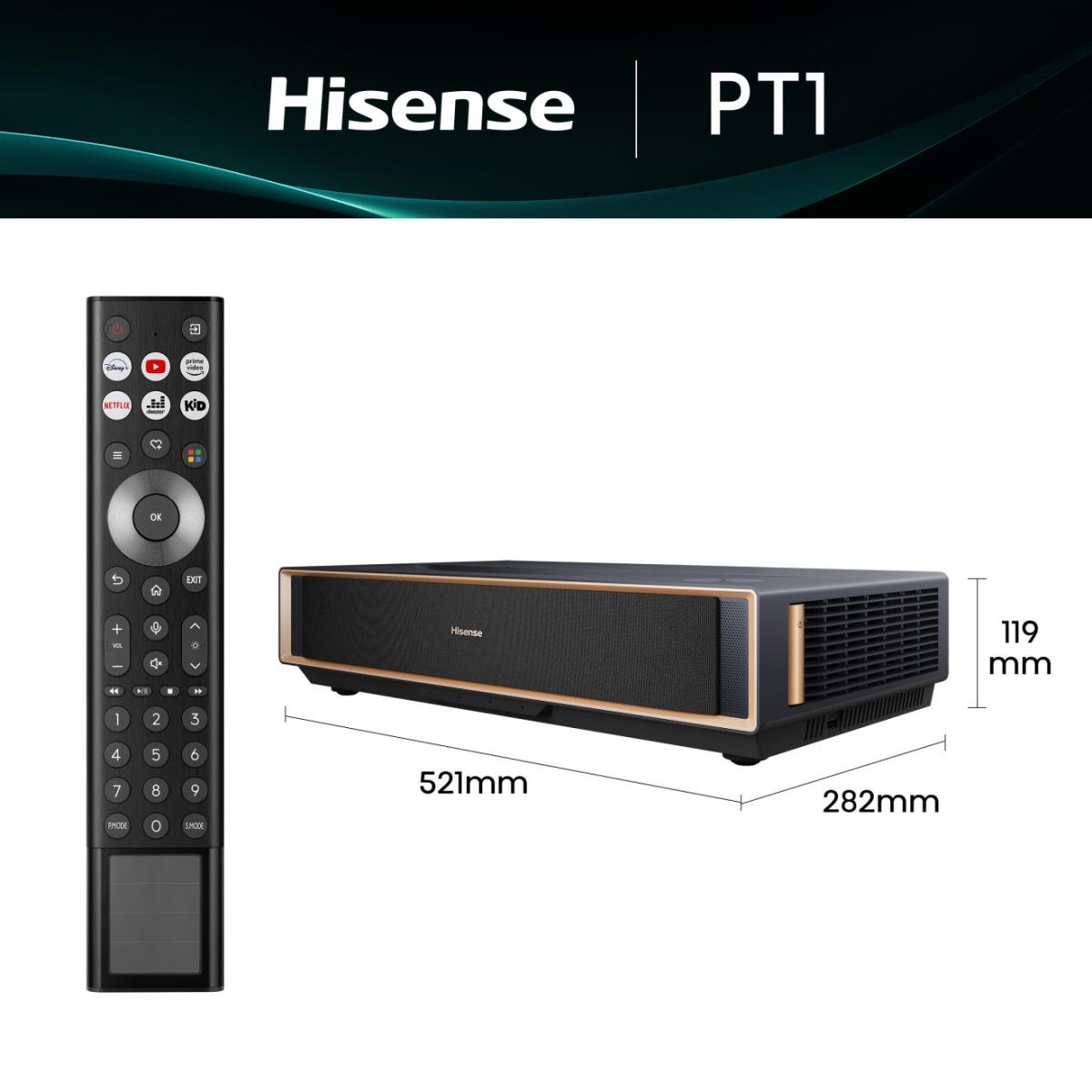 Laser Cinema HISENSE PT1 4K DPL, GOOGLE TV de 80 a 150 Pulgadas, Tiro corto.