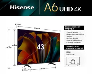 Televisor Hisense 43A60SV, 43 pulgadas, LED 4K UHD, 3840 x 2160 Pixeles, VIDAA SMART TV