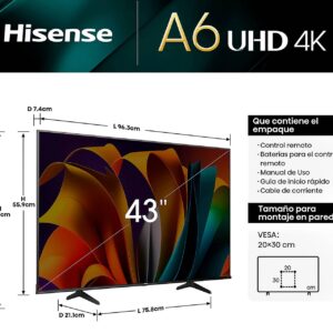 Televisor Hisense 43A60SV, 43 pulgadas, LED 4K UHD, 3840 x 2160 Pixeles, VIDAA SMART TV